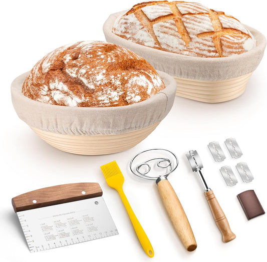 Sourdough Bread Baking Supplies, 9" Round & 10" Oval | Bread Proofing Basket Set with Liner, Sourdough Starter Kit for Bread Making, Bread Lame/Whisk/Dough Scraper/Basting Brush