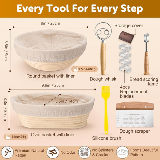 Sourdough Bread Baking Supplies, 9" Round & 10" Oval | Bread Proofing Basket Set with Liner, Sourdough Starter Kit for Bread Making, Bread Lame/Whisk/Dough Scraper/Basting Brush