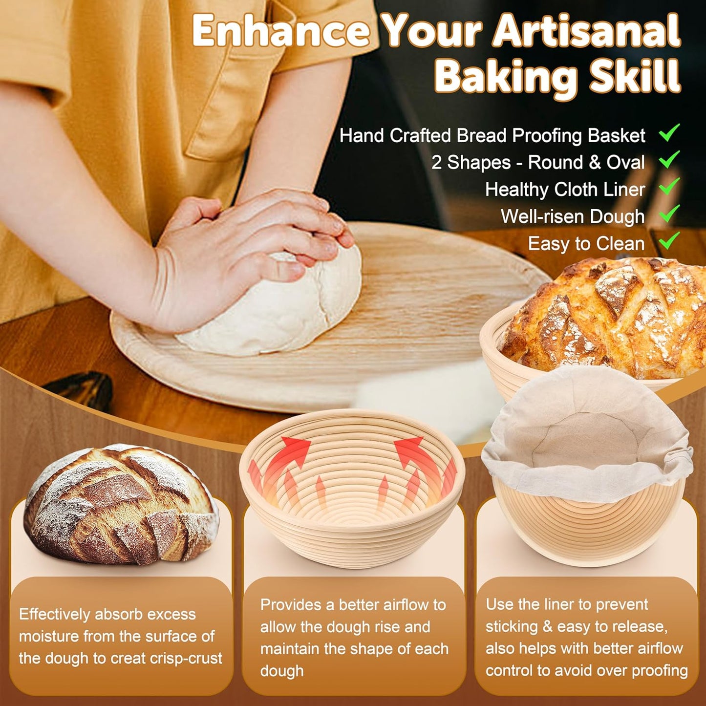Sourdough Bread Baking Supplies, 9" Round & 10" Oval | Bread Proofing Basket Set with Liner, Sourdough Starter Kit for Bread Making, Bread Lame/Whisk/Dough Scraper/Basting Brush