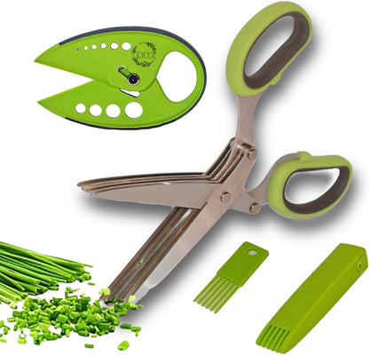 2-in-1 5-Blade Herb Scissors & Herb Stripper Set | 10-Hole Leaf stripper Stem Remover + Stainless Steel Herb Shears with Safety Cover & Cleaning Comb | Dishwasher Safe Kitchen Tool for all Herbs