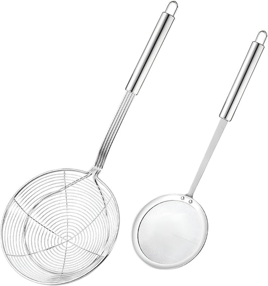 Set of 5.5 Inch Stainless Steel Asian Spider Strainer and 4 Inch Fine Mesh Skimmer Wire Scoop Food Fryer Spoon to Drain Pasta Deep Fry Skimmer Oil