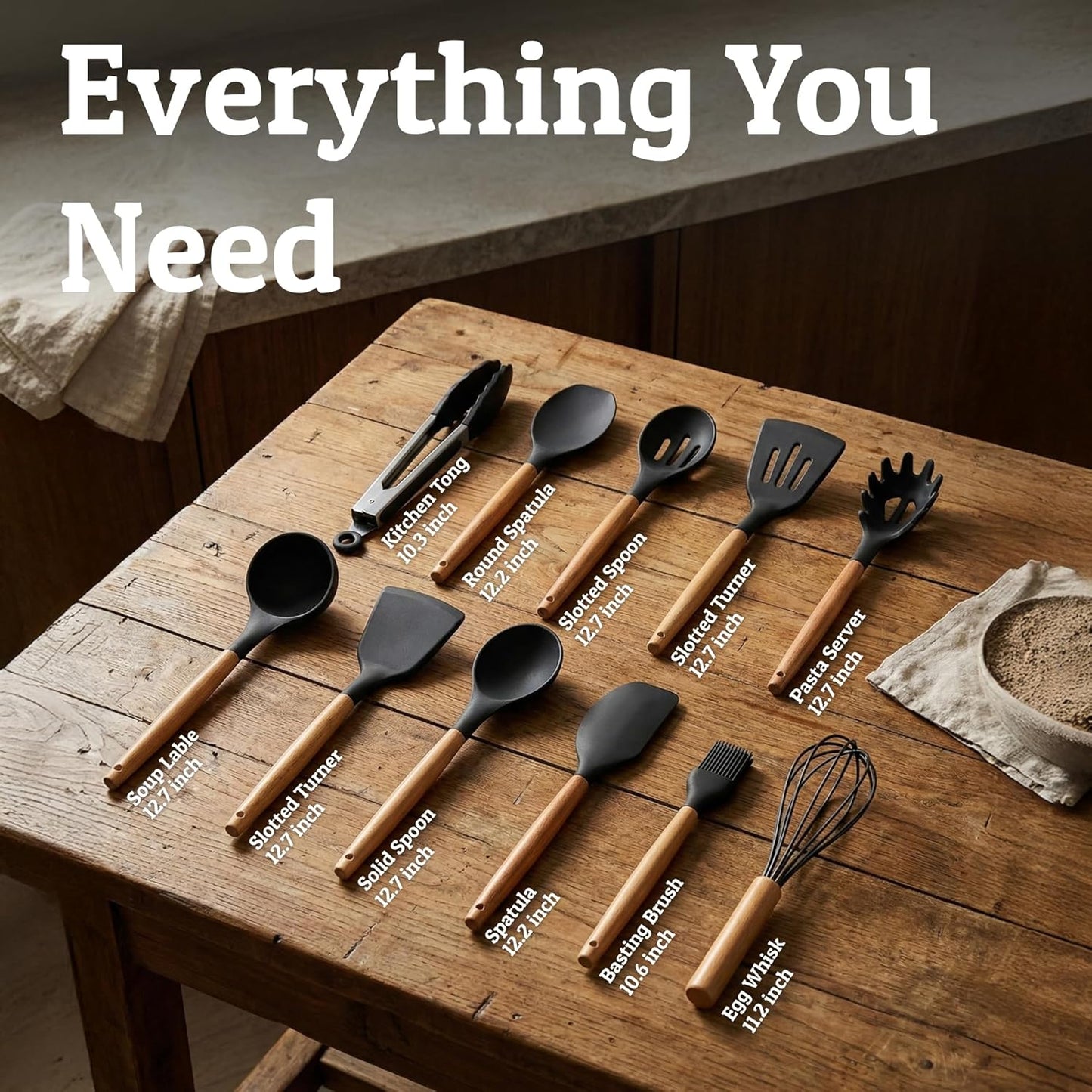 Silicone Cooking Utensil Set with Wooden Handles - Kitchen Utensils for Nonstick and Ceramic Cookware, Heat Resistant up to 446°F, Black
