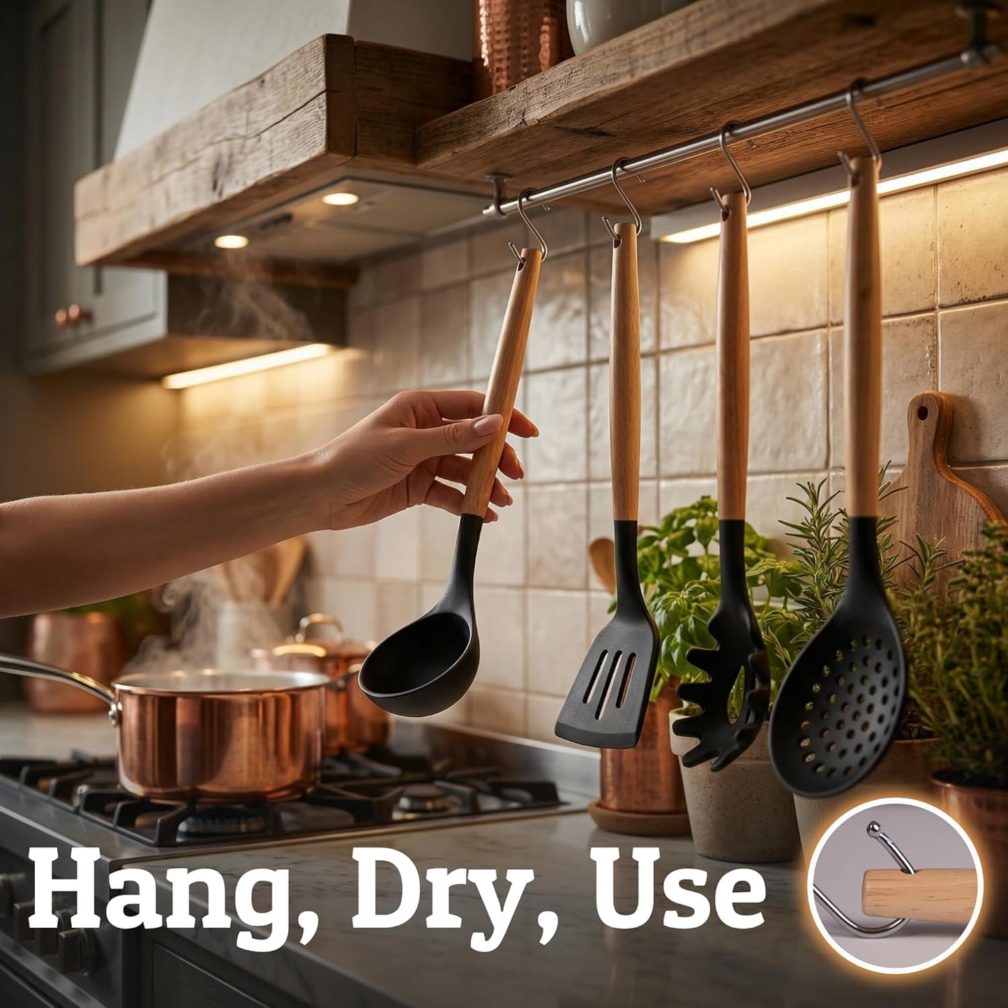 Silicone Cooking Utensil Set with Wooden Handles - Kitchen Utensils for Nonstick and Ceramic Cookware, Heat Resistant up to 446°F, Black