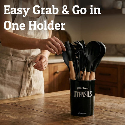 Silicone Cooking Utensil Set with Wooden Handles - Kitchen Utensils for Nonstick and Ceramic Cookware, Heat Resistant up to 446°F, Black