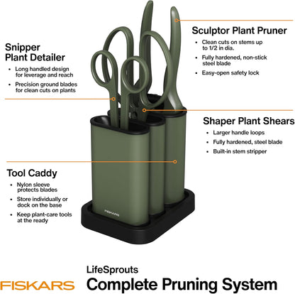 Indoor Plant Care 3-Piece Set, Precision Gardening Tools with Nesting Storage Caddy, Detail Snips, Stem Shears & Bypass Pruner for Trimming & Shaping Houseplants, Stainless Steel Blades, Green
