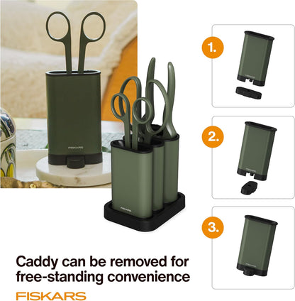 Indoor Plant Care 3-Piece Set, Precision Gardening Tools with Nesting Storage Caddy, Detail Snips, Stem Shears & Bypass Pruner for Trimming & Shaping Houseplants, Stainless Steel Blades, Green
