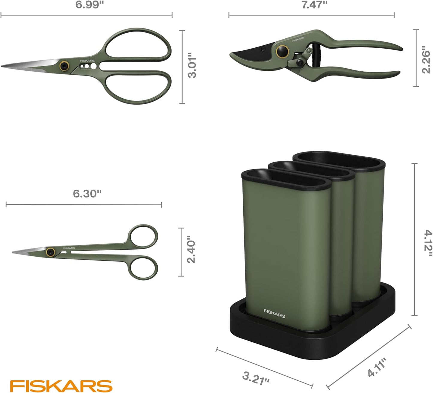 Indoor Plant Care 3-Piece Set, Precision Gardening Tools with Nesting Storage Caddy, Detail Snips, Stem Shears & Bypass Pruner for Trimming & Shaping Houseplants, Stainless Steel Blades, Green