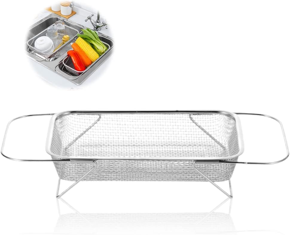 Over the Sink Colander Stainless Steel Expandable Strainer Basket Colander with Fine Mesh for Kitchen Sink Strain Drain Rinse Fruits Vegetables (A)