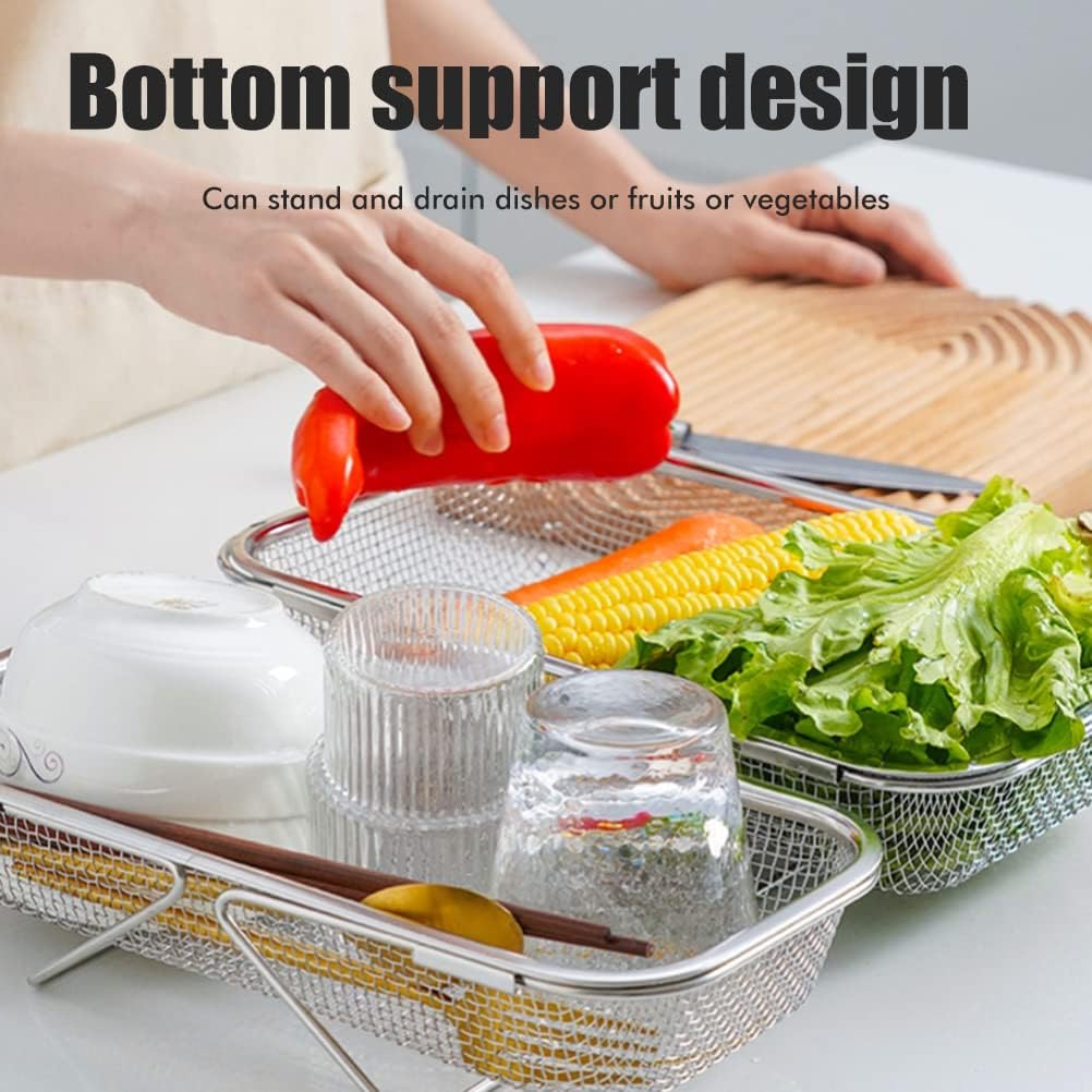 Over the Sink Colander Stainless Steel Expandable Strainer Basket Colander with Fine Mesh for Kitchen Sink Strain Drain Rinse Fruits Vegetables (A)