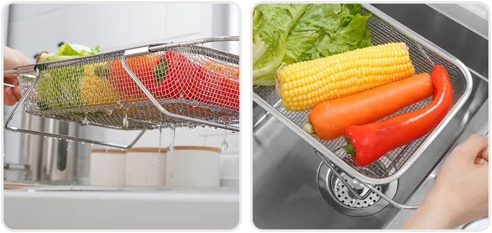 Over the Sink Colander Stainless Steel Expandable Strainer Basket Colander with Fine Mesh for Kitchen Sink Strain Drain Rinse Fruits Vegetables (A)