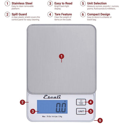 Vera PR2000S Compact High Precision Kitchen/Baking/Herb Scale, Measures Liquid and Dry Ingredients, LCD Digital Display, 4.4lb Capacy, Silver