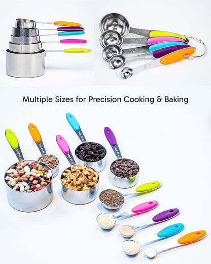 ® Measuring Cups and Spoons Set of 10 - Stainless Steel Metal Measuring Cups Set for Cooking and Baking, Heavy Duty Stackable Measuring Set with Colorful Silicone Handles, Dishwasher Safe