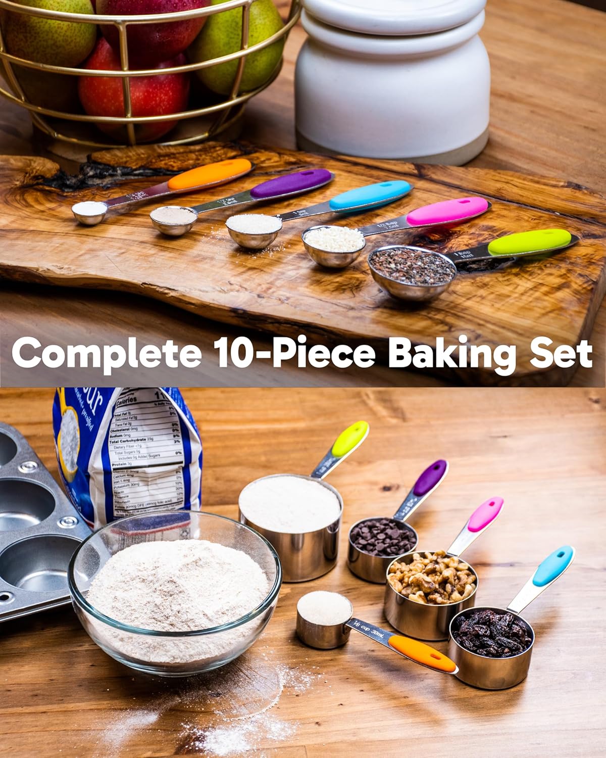® Measuring Cups and Spoons Set of 10 - Stainless Steel Metal Measuring Cups Set for Cooking and Baking, Heavy Duty Stackable Measuring Set with Colorful Silicone Handles, Dishwasher Safe