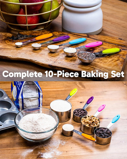 ® Measuring Cups and Spoons Set of 10 - Stainless Steel Metal Measuring Cups Set for Cooking and Baking, Heavy Duty Stackable Measuring Set with Colorful Silicone Handles, Dishwasher Safe
