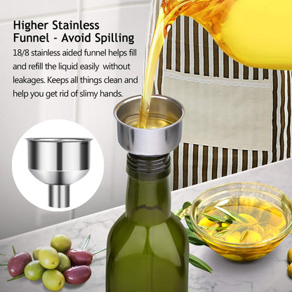 [2 PACK 17 oz Glass Olive Oil Dispenser Bottle Set - 500ml Dark Green Oil & Vinegar Cruet Bottle with Pourers, Funnel and Labels - Olive Oil Carafe Decanter for Kitchen