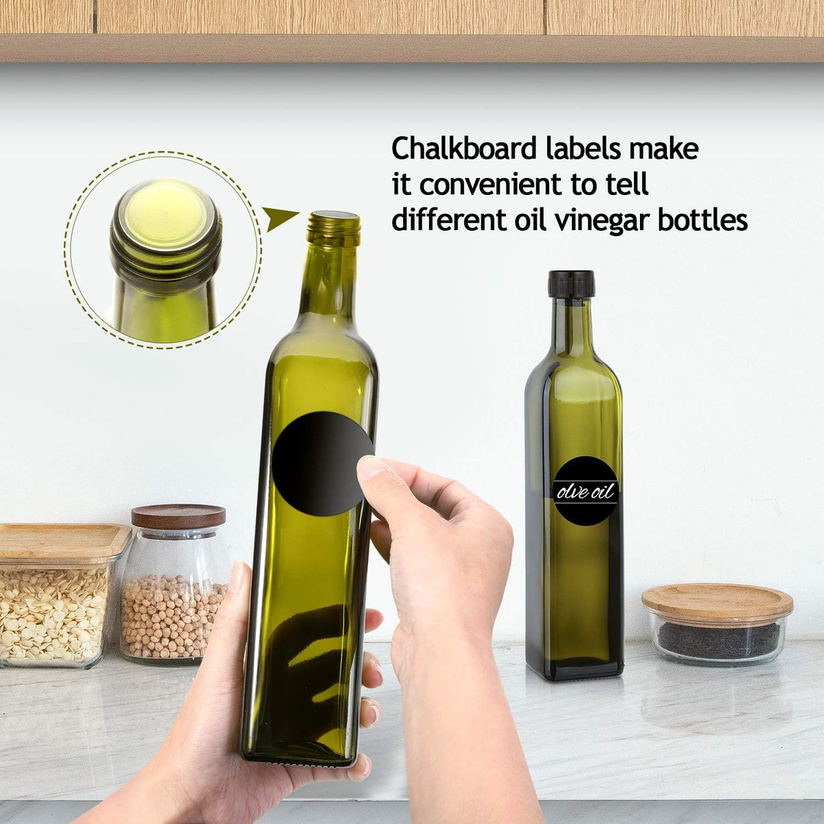 [2 PACK 17 oz Glass Olive Oil Dispenser Bottle Set - 500ml Dark Green Oil & Vinegar Cruet Bottle with Pourers, Funnel and Labels - Olive Oil Carafe Decanter for Kitchen