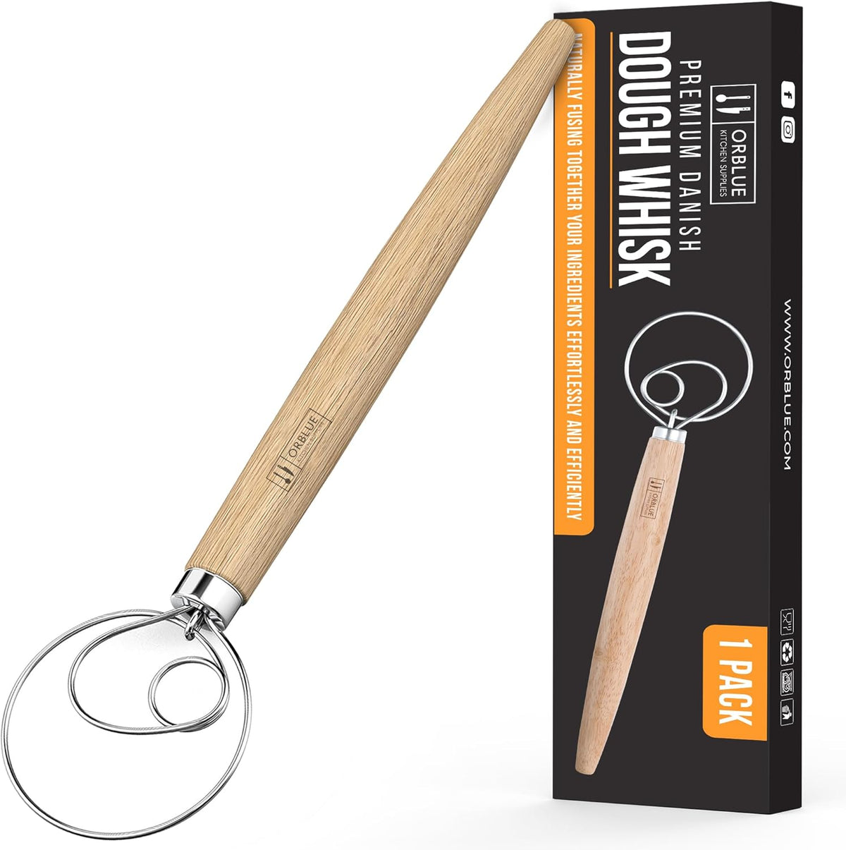 Premium Danish Dough Whisk - Dutch Whisk with Stainless Steel Ring - Danish Whisk for Bread, Pastry or Pizza Dough, 13-inch 1-PACK