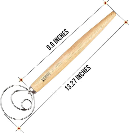 Premium Danish Dough Whisk - Dutch Whisk with Stainless Steel Ring - Danish Whisk for Bread, Pastry or Pizza Dough, 13-inch 1-PACK