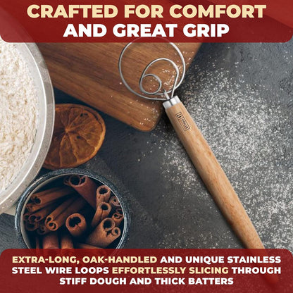 Premium Danish Dough Whisk - Dutch Whisk with Stainless Steel Ring - Danish Whisk for Bread, Pastry or Pizza Dough, 13-inch 1-PACK