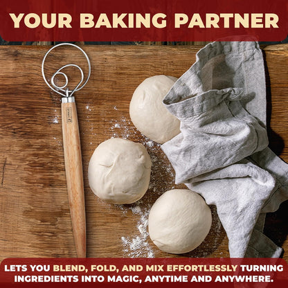 Premium Danish Dough Whisk - Dutch Whisk with Stainless Steel Ring - Danish Whisk for Bread, Pastry or Pizza Dough, 13-inch 1-PACK