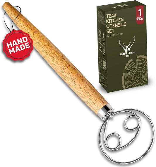 Danish Dough Whisk for sourdough 13 Inch - 304 Stainless Steel Hook with Long Wooden Handle – Essential bread whisk, artisan mixing & bread making