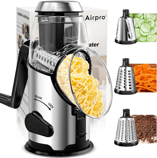 Rotary Cheese Grater with Handle - Vegetable Shredder with 3 Stainless Steel Blades & Strong Suction Base,Round Mandoline Slicer & Food Chopper for Kitchen