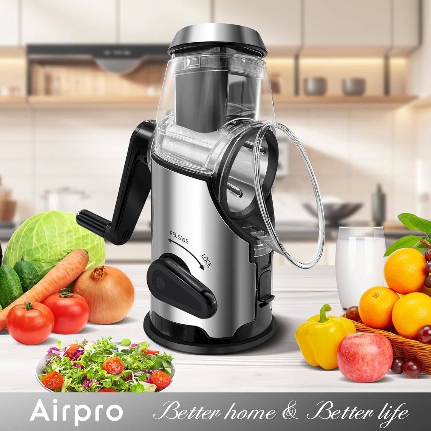 Rotary Cheese Grater with Handle - Vegetable Shredder with 3 Stainless Steel Blades & Strong Suction Base,Round Mandoline Slicer & Food Chopper for Kitchen