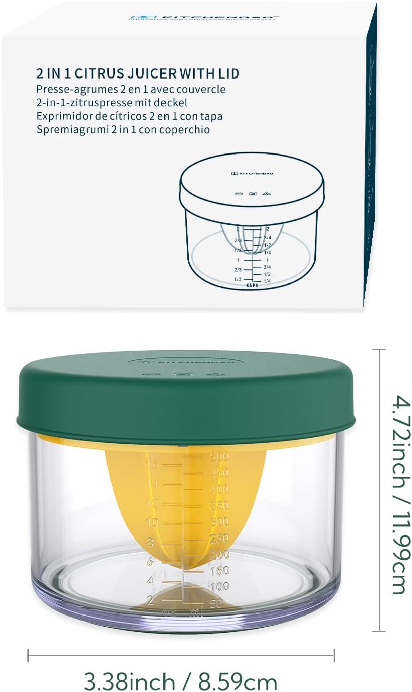 2 in 1 Lemon Orange Citrus Juicer with lid for Sanitary Storage, Manual Hand Squeezer with Built-in 16OZ Measuring Cup, Multi-function Manual Juicer with Reamers and Non-Slip Base, BPA Free
