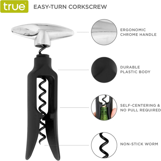 Self Pulling Corkscrew Wine Opener, Durable Plastic with Easy Turn Chrome Handle, Wine Bottle Opener for Bartenders, Home Bar Tools, Bar Cart Accessories, Kitchen Essentials, Set of 1, Black