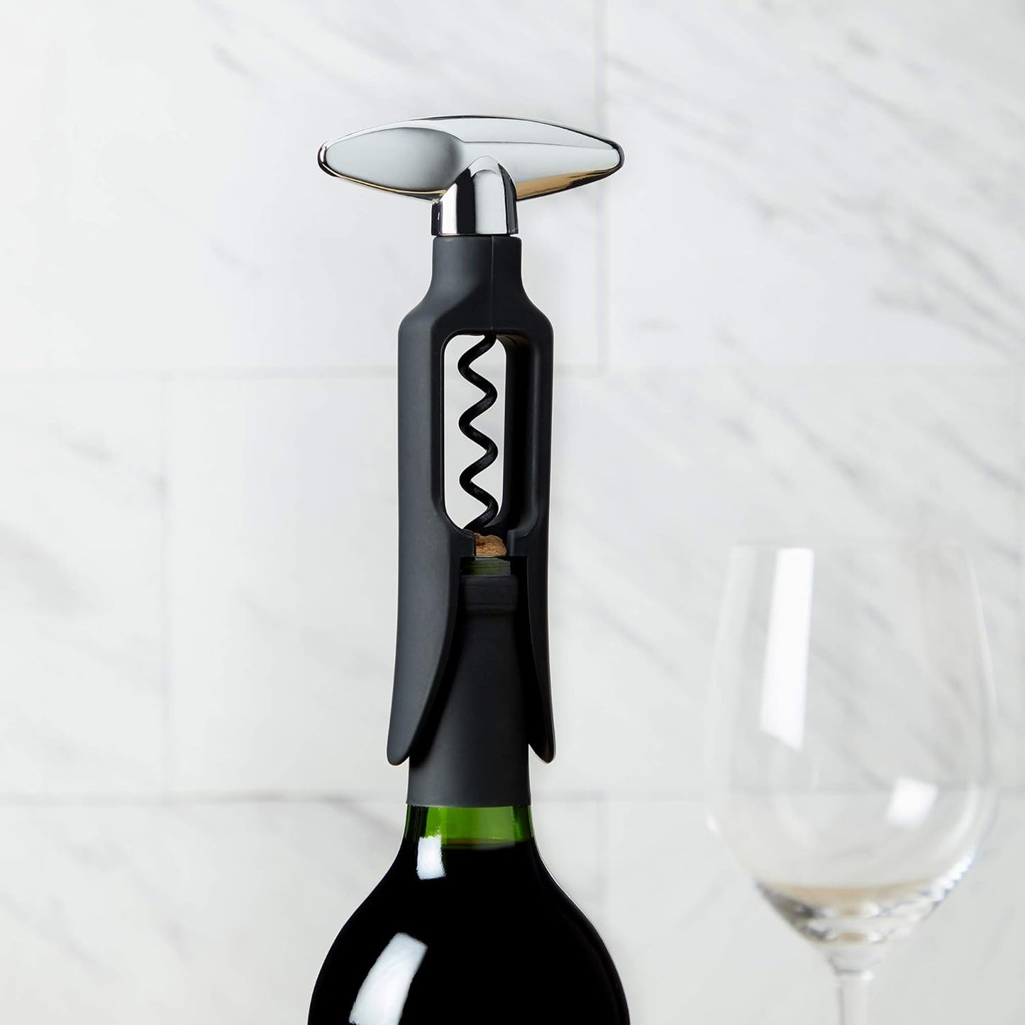 Self Pulling Corkscrew Wine Opener, Durable Plastic with Easy Turn Chrome Handle, Wine Bottle Opener for Bartenders, Home Bar Tools, Bar Cart Accessories, Kitchen Essentials, Set of 1, Black