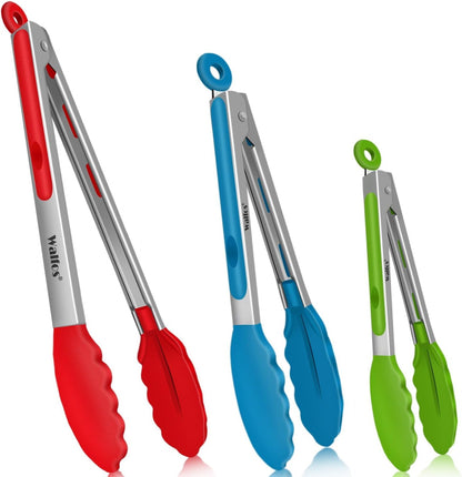 Silicone Tongs for Cooking - Heat Resistant kitchen tongs for Salad,Cooking, Grilling,Stainless Steel and BPA Free Silicone Tips set of 3 (7" 9" and 12 inch)