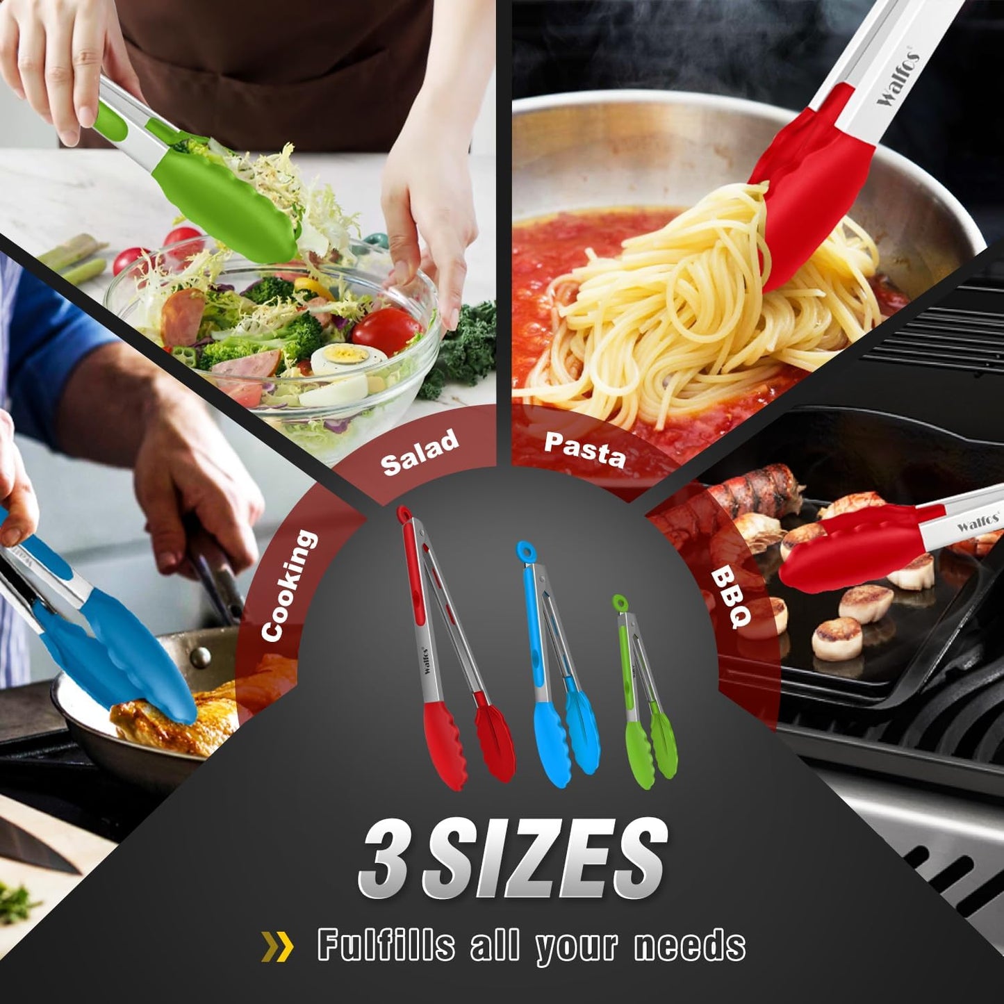 Silicone Tongs for Cooking - Heat Resistant kitchen tongs for Salad,Cooking, Grilling,Stainless Steel and BPA Free Silicone Tips set of 3 (7" 9" and 12 inch)