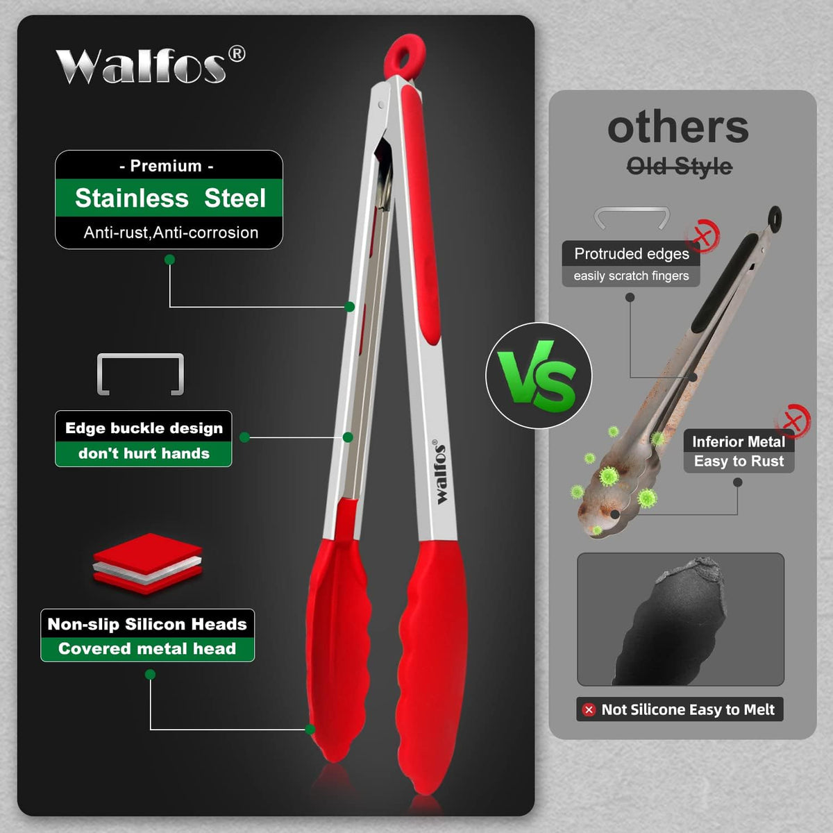 Silicone Tongs for Cooking - Heat Resistant kitchen tongs for Salad,Cooking, Grilling,Stainless Steel and BPA Free Silicone Tips set of 3 (7" 9" and 12 inch)