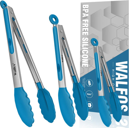 Silicone Tongs for Cooking - Heat Resistant kitchen tongs for Salad,Cooking, Grilling,Stainless Steel and BPA Free Silicone Tips set of 3 (7" 9" and 12 inch)