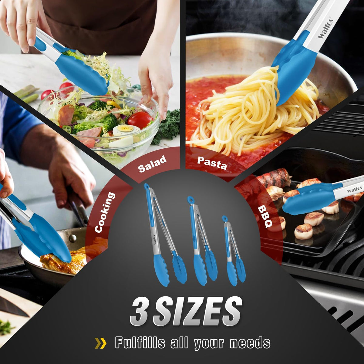 Silicone Tongs for Cooking - Heat Resistant kitchen tongs for Salad,Cooking, Grilling,Stainless Steel and BPA Free Silicone Tips set of 3 (7" 9" and 12 inch)