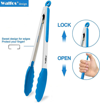 Silicone Tongs for Cooking - Heat Resistant kitchen tongs for Salad,Cooking, Grilling,Stainless Steel and BPA Free Silicone Tips set of 3 (7" 9" and 12 inch)