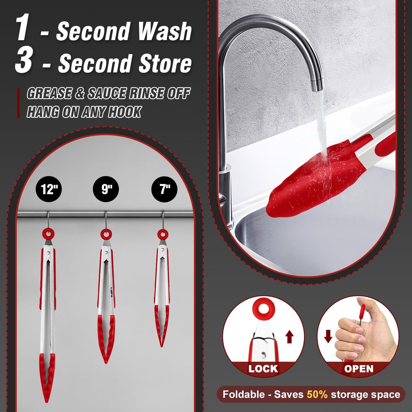 Silicone Tongs for Cooking - Heat Resistant kitchen tongs for Salad,Cooking, Grilling,Stainless Steel and BPA Free Silicone Tips set of 3 (7" 9" and 12 inch)