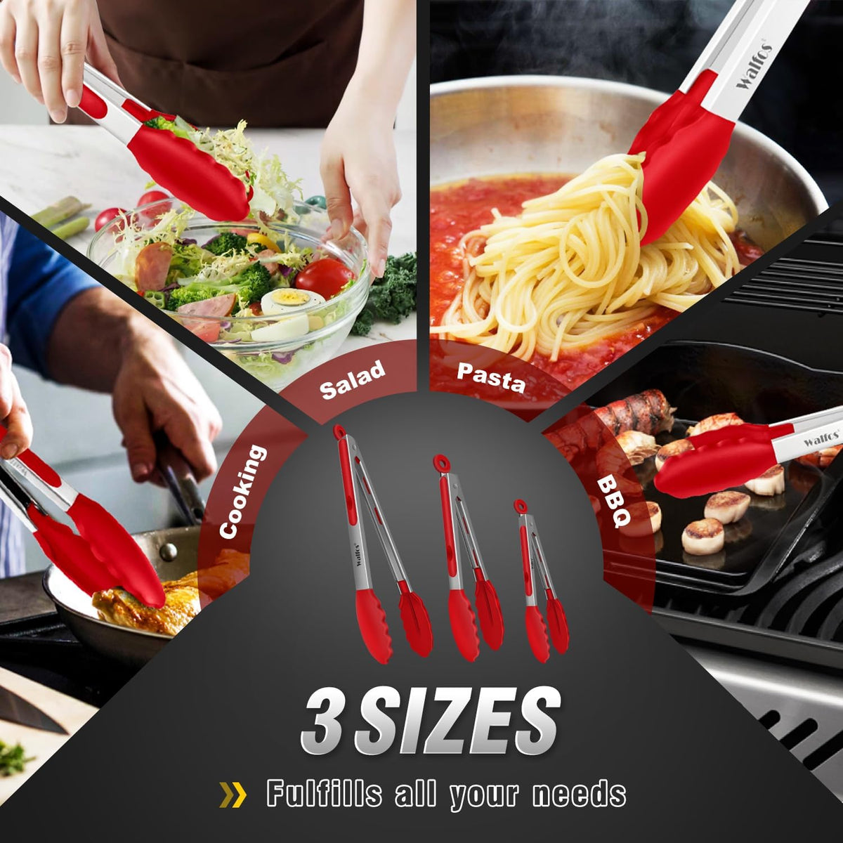 Silicone Tongs for Cooking - Heat Resistant kitchen tongs for Salad,Cooking, Grilling,Stainless Steel and BPA Free Silicone Tips set of 3 (7" 9" and 12 inch)