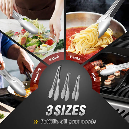Silicone Tongs for Cooking - Heat Resistant kitchen tongs for Salad,Cooking, Grilling,Stainless Steel and BPA Free Silicone Tips set of 3 (7" 9" and 12 inch)
