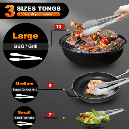 Silicone Tongs for Cooking - Heat Resistant kitchen tongs for Salad,Cooking, Grilling,Stainless Steel and BPA Free Silicone Tips set of 3 (7" 9" and 12 inch)