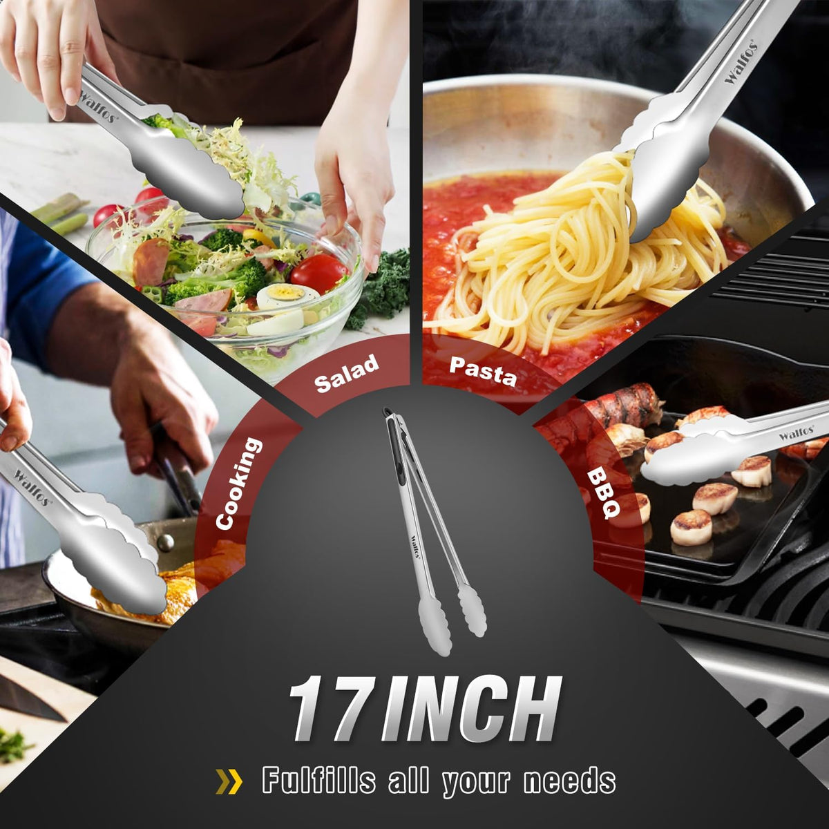 Silicone Tongs for Cooking - Heat Resistant kitchen tongs for Salad,Cooking, Grilling,Stainless Steel and BPA Free Silicone Tips set of 3 (7" 9" and 12 inch)