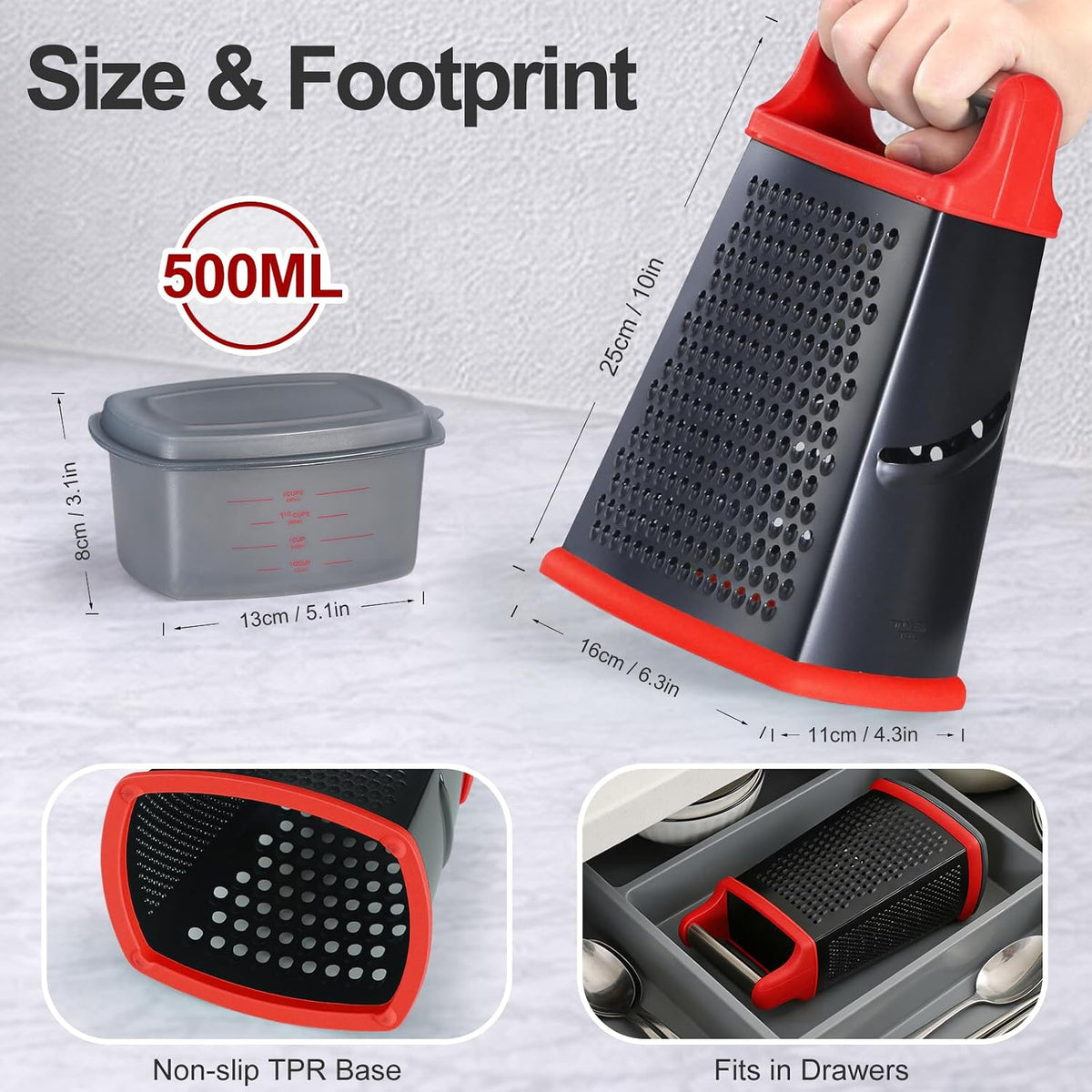 Cheese Grater with Handle, Stainless Steel Box Grater, 4 Side Kitchen Vegetable Shredder Slicer Zester with Container for Parmesan, Cabbage, Ginger, Lemon, Chocolate, Coconut (Red and Black)