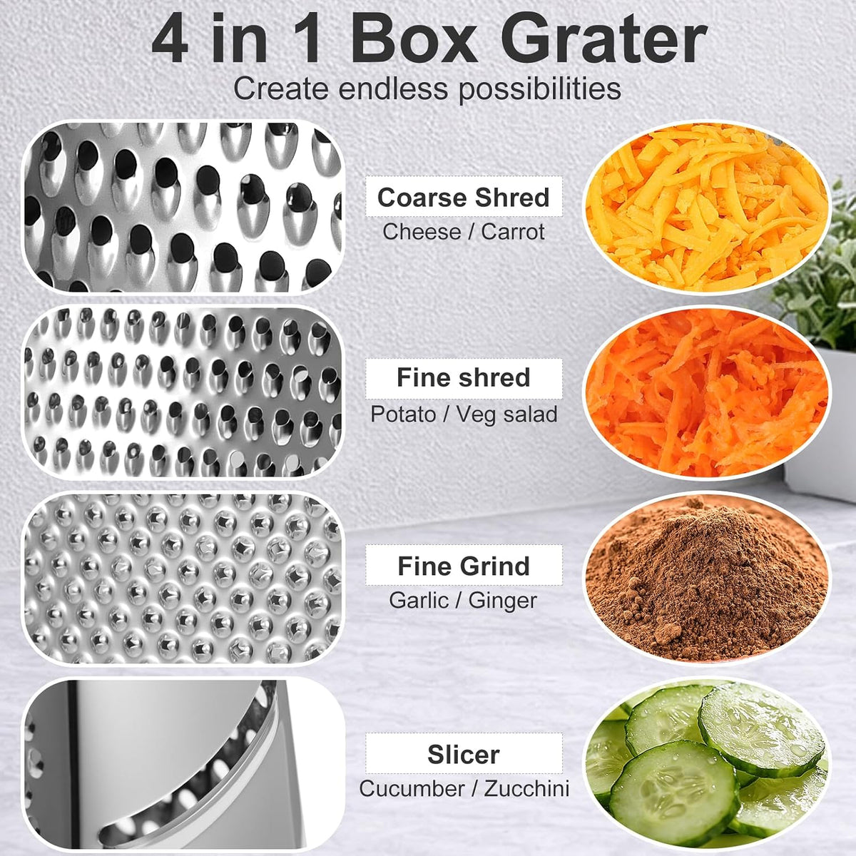 Cheese Grater with Handle, Stainless Steel Box Grater, 4 Side Kitchen Vegetable Shredder Slicer Zester with Container for Parmesan, Cabbage, Ginger, Lemon, Chocolate, Coconut (Red and Black)