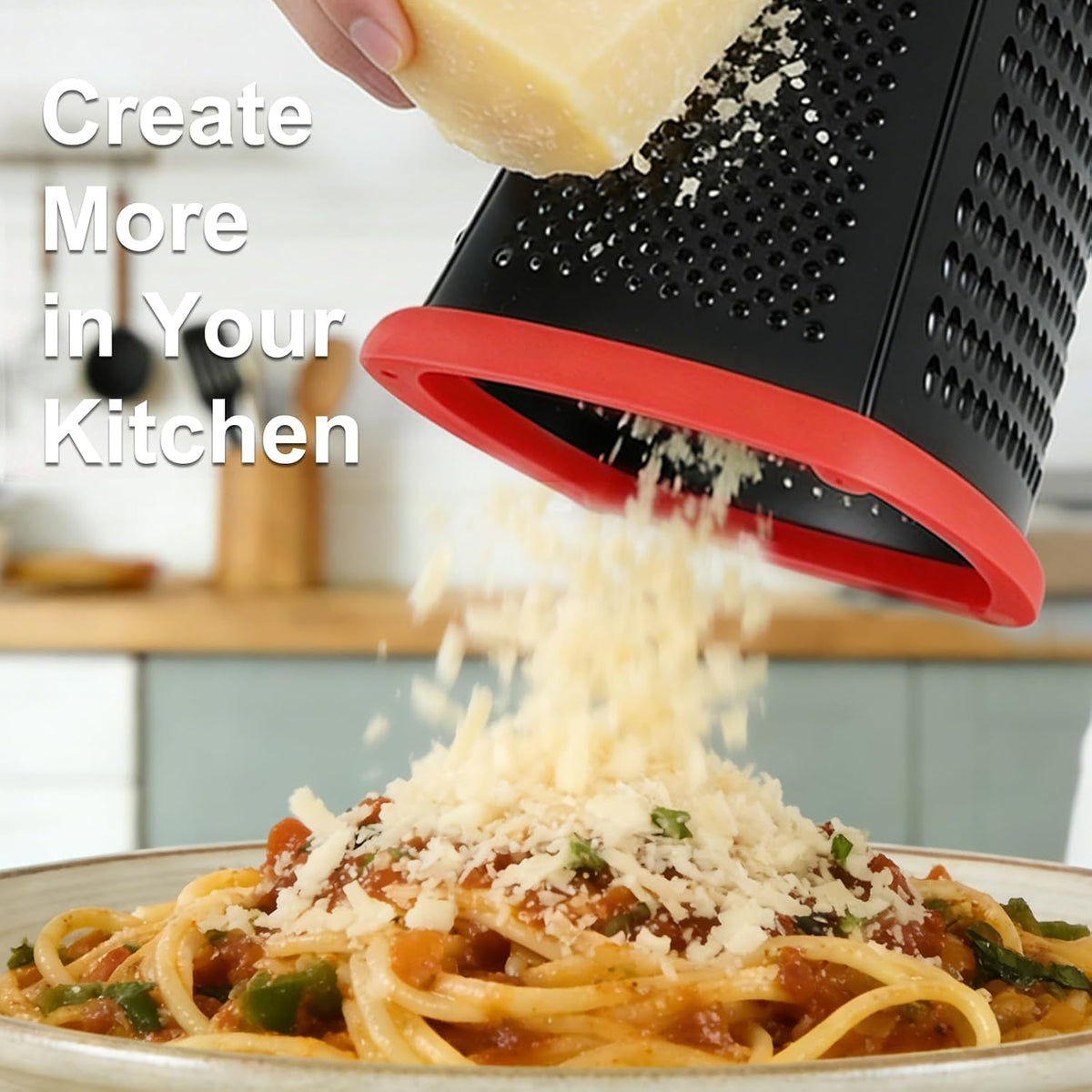 Cheese Grater with Handle, Stainless Steel Box Grater, 4 Side Kitchen Vegetable Shredder Slicer Zester with Container for Parmesan, Cabbage, Ginger, Lemon, Chocolate, Coconut (Red and Black)