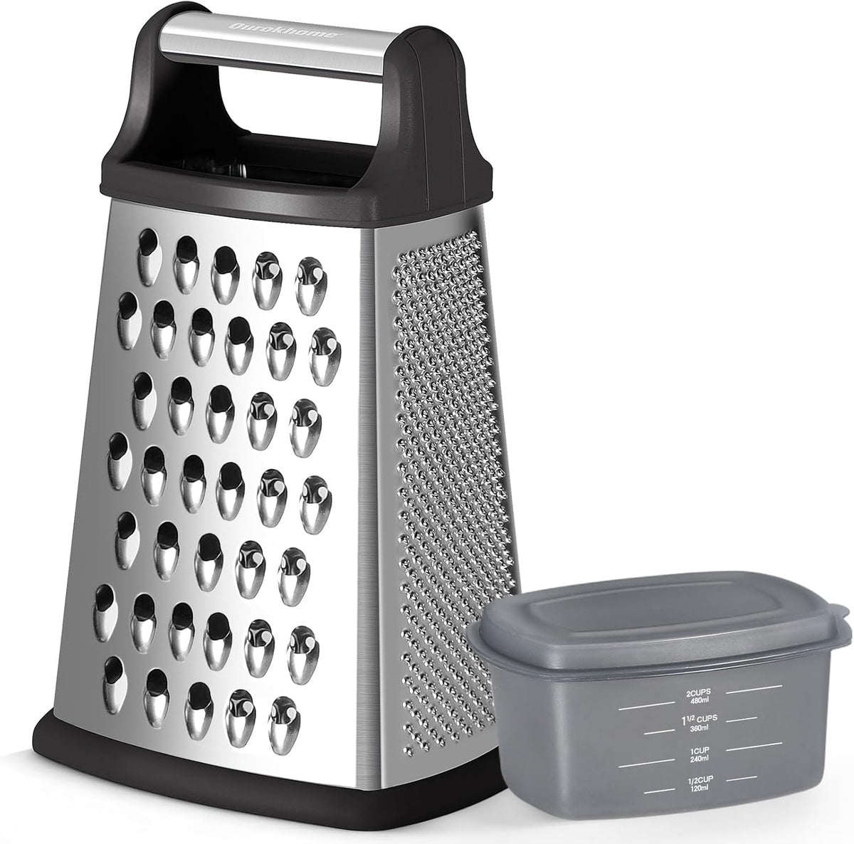 Cheese Grater with Handle, Stainless Steel Box Grater, 4 Side Kitchen Vegetable Shredder Slicer Zester with Container for Parmesan, Cabbage, Ginger, Lemon, Chocolate, Coconut (Red and Black)