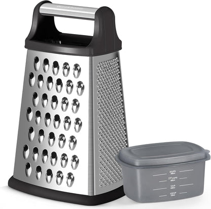 Cheese Grater with Handle, Stainless Steel Box Grater, 4 Side Kitchen Vegetable Shredder Slicer Zester with Container for Parmesan, Cabbage, Ginger, Lemon, Chocolate, Coconut (Red and Black)