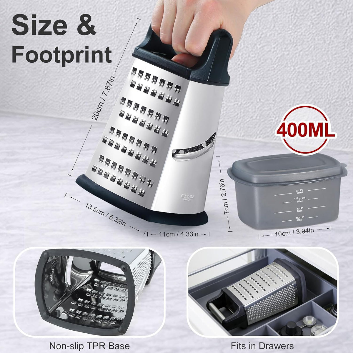 Cheese Grater with Handle, Stainless Steel Box Grater, 4 Side Kitchen Vegetable Shredder Slicer Zester with Container for Parmesan, Cabbage, Ginger, Lemon, Chocolate, Coconut (Red and Black)