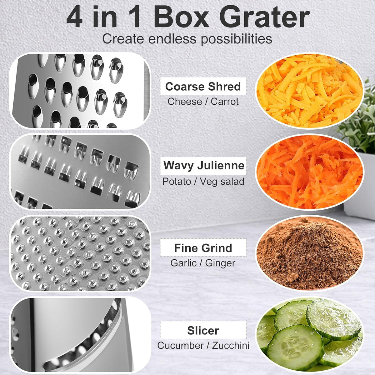 Cheese Grater with Handle, Stainless Steel Box Grater, 4 Side Kitchen Vegetable Shredder Slicer Zester with Container for Parmesan, Cabbage, Ginger, Lemon, Chocolate, Coconut (Red and Black)