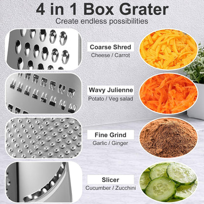 Cheese Grater with Handle, Stainless Steel Box Grater, 4 Side Kitchen Vegetable Shredder Slicer Zester with Container for Parmesan, Cabbage, Ginger, Lemon, Chocolate, Coconut (Red and Black)