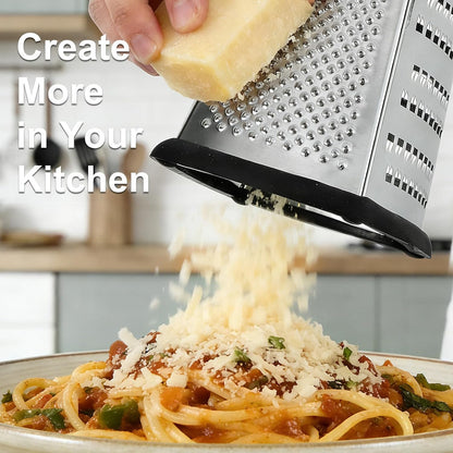 Cheese Grater with Handle, Stainless Steel Box Grater, 4 Side Kitchen Vegetable Shredder Slicer Zester with Container for Parmesan, Cabbage, Ginger, Lemon, Chocolate, Coconut (Red and Black)